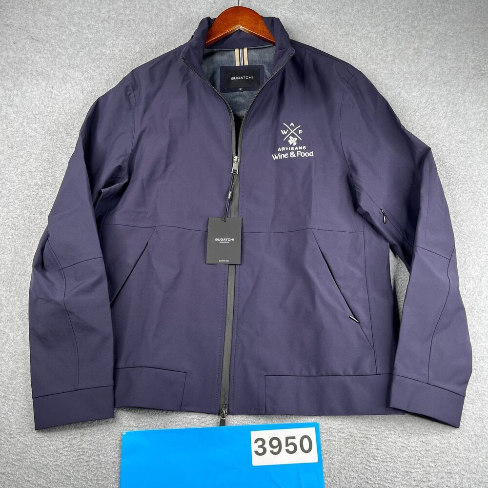 New BUGATCHI Rain Jacket Midnight Navy Artisans Wine & Food Embroidered Medium